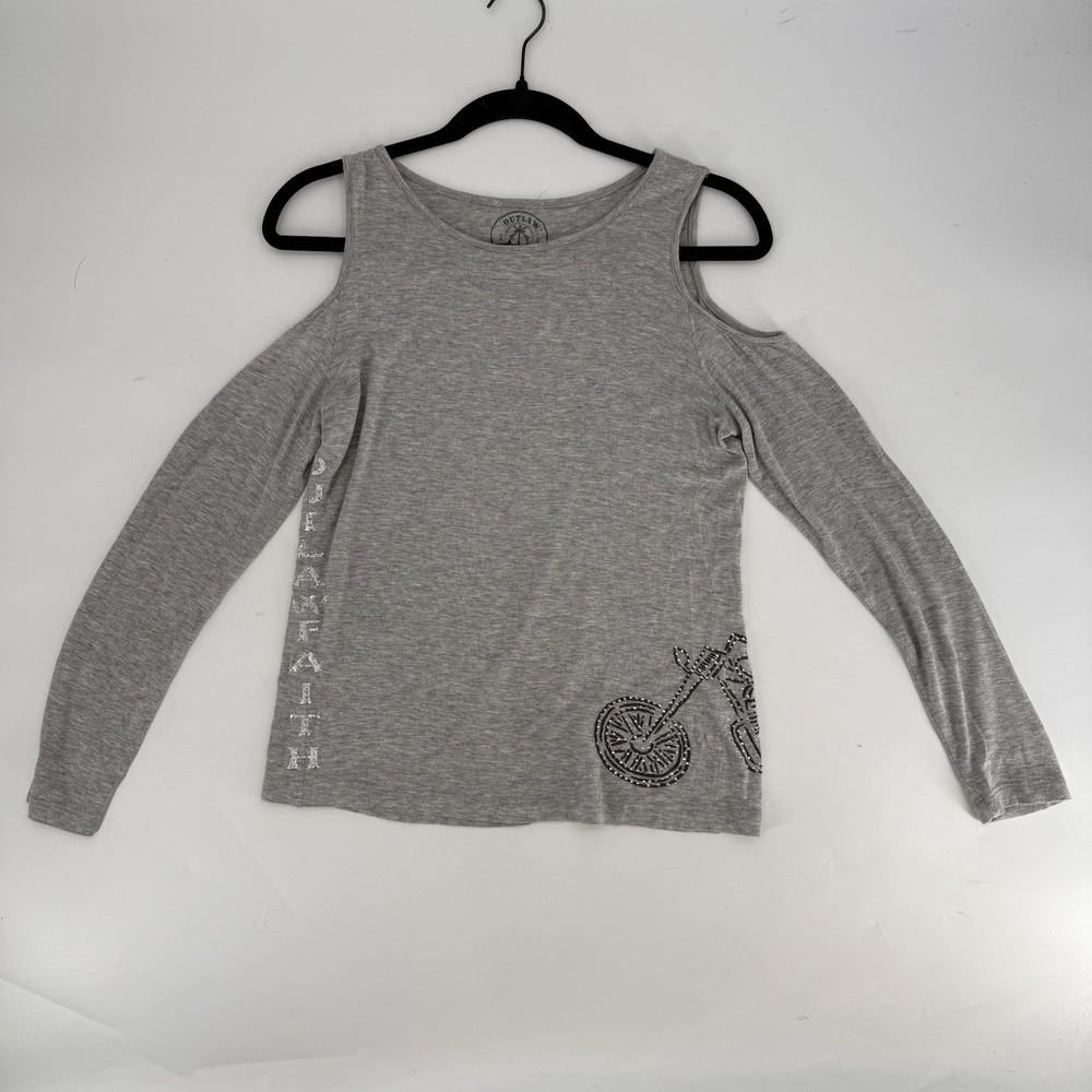 Outlaw Faith Women's Cold Shoulder Motorcycle Rhinestones Medium Gray